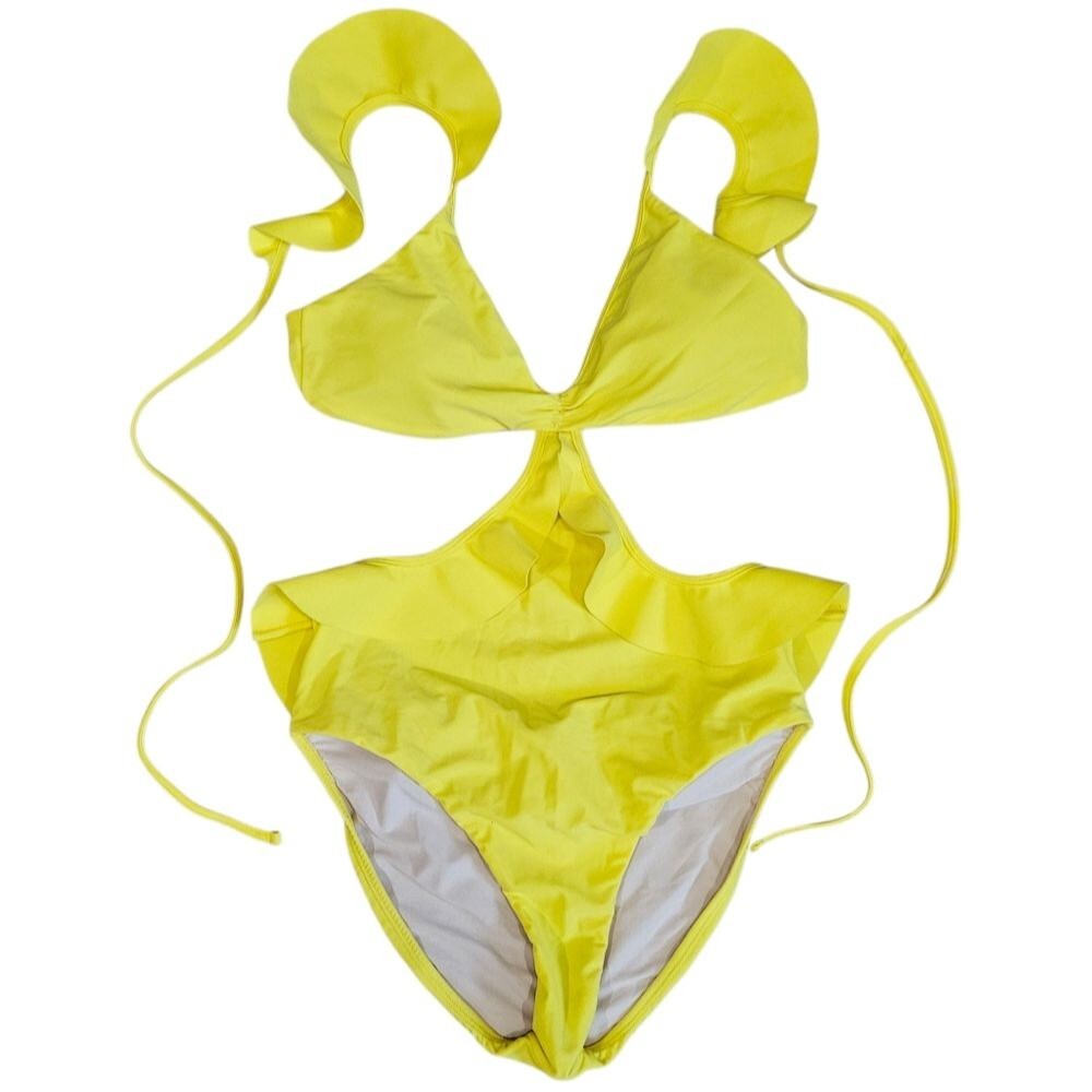 PQ Pilyq Bright Canary Yellow Ruffle Criss Cross One Piece Swimsuit